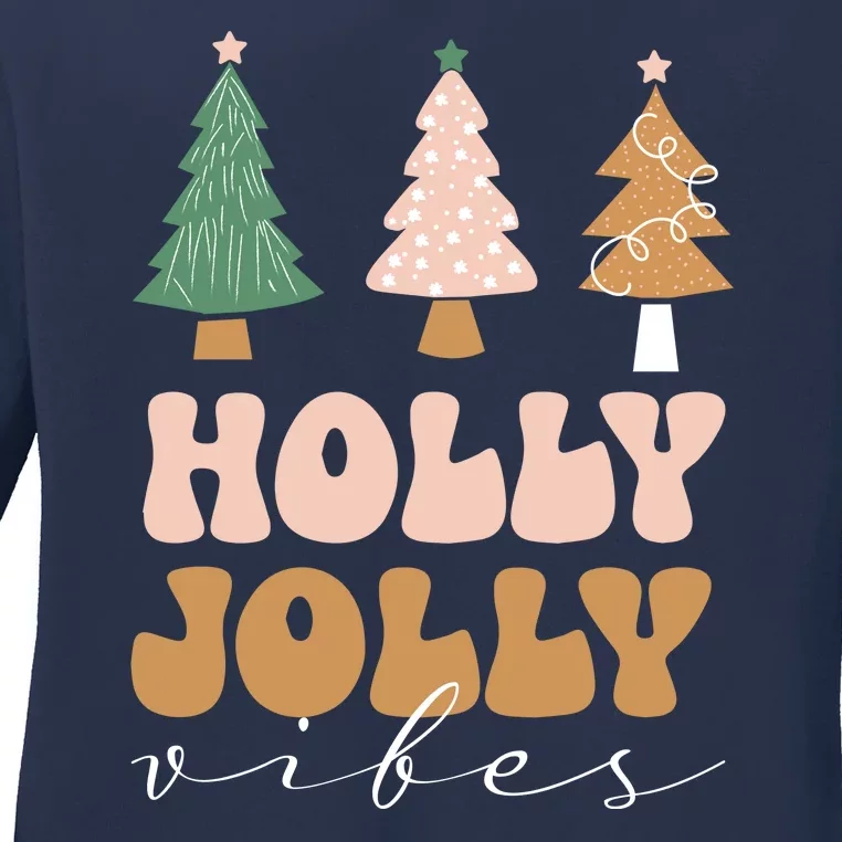 Holly Jolly Vibes Retro Groovy Ladies Long Sleeve Shirt