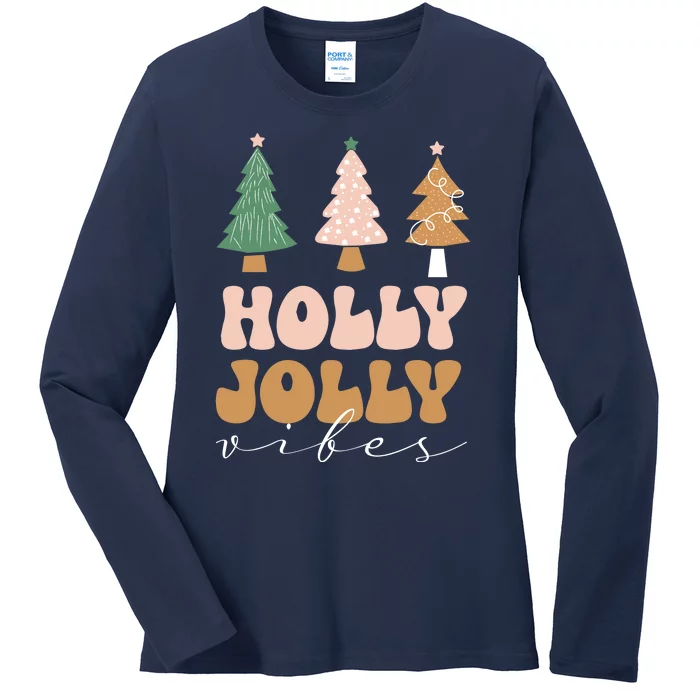 Holly Jolly Vibes Retro Groovy Ladies Long Sleeve Shirt