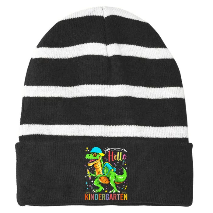 Hello Kindergarten Back To School Dinosaur Design. Striped Beanie with Solid Band