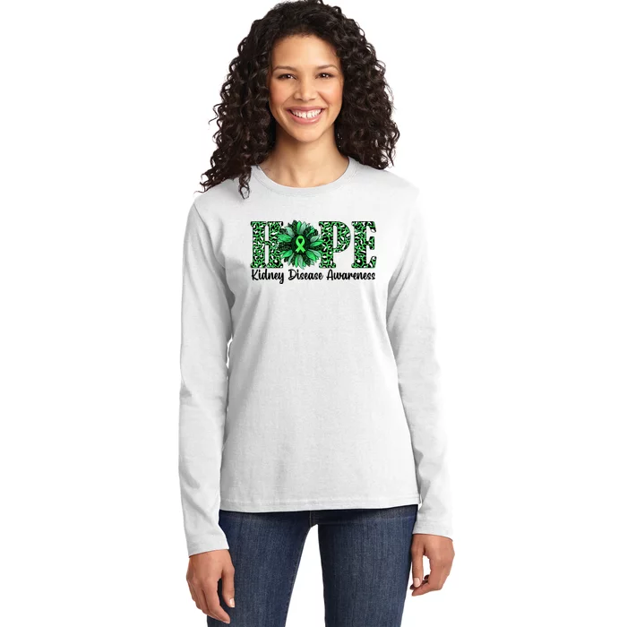 Hope Kidney Disease Awareness Leopard Sunflower Green Ribbons Healthier Ladies Long Sleeve Shirt