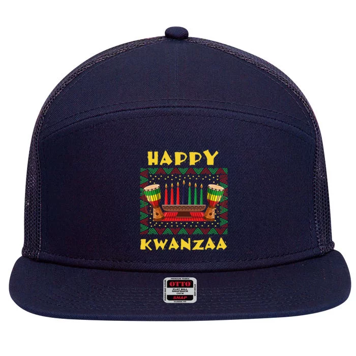 Happy Kwanzaa Drum Kinara Seven Candles Africa Celebration 7 Panel Mesh Trucker Snapback Hat