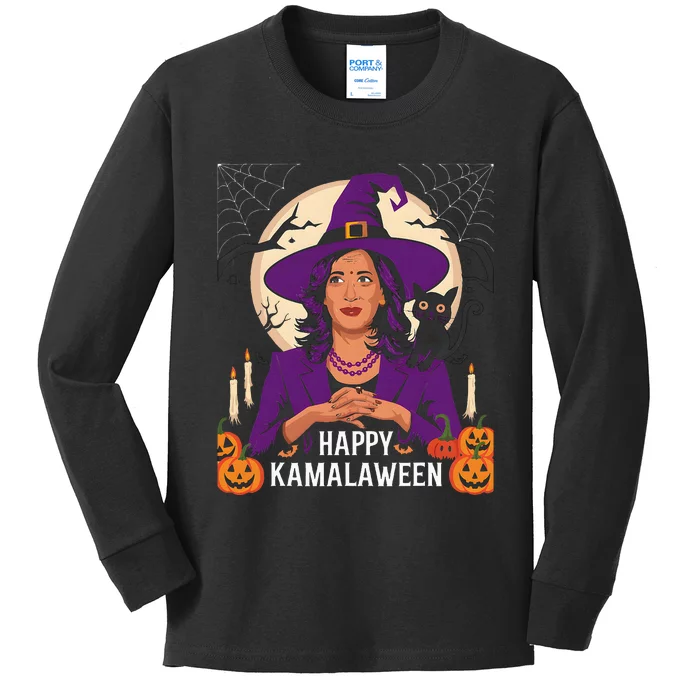 Happy Kamalaween Funny Halloween Kamala Harris Witchy Cat Kids Long Sleeve Shirt