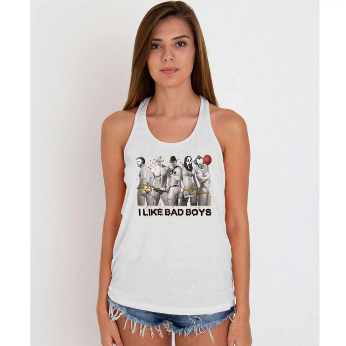 Horror Killers I Like Bad Boy Funny Sexy Horror Character Halloween Sex Joke Women's Knotted Racerback Tank