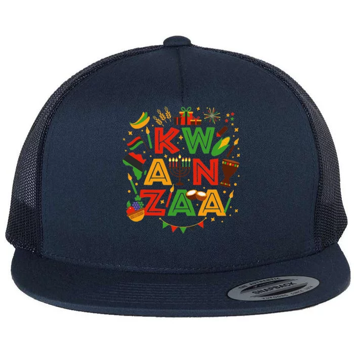 Happy Kwanzaa Kinara Candles African American Holiday Flat Bill Trucker Hat