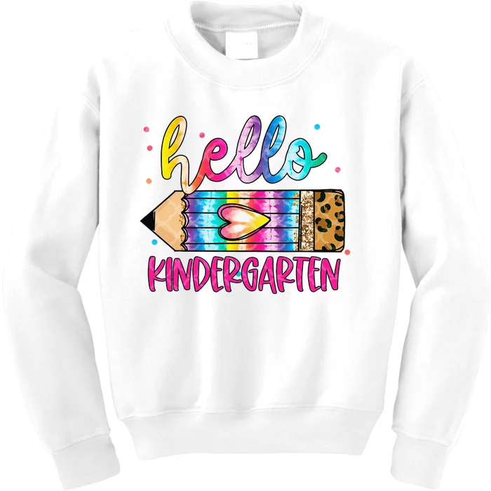 Hello Kindergarten Leopard Tie Dye Pencil Cute Teacher Kids Sweatshirt