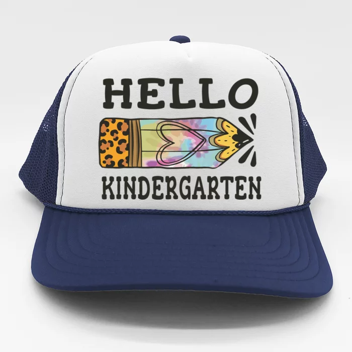 Hello Kindergarten Leopard Tie Dye Pencil Trucker Hat