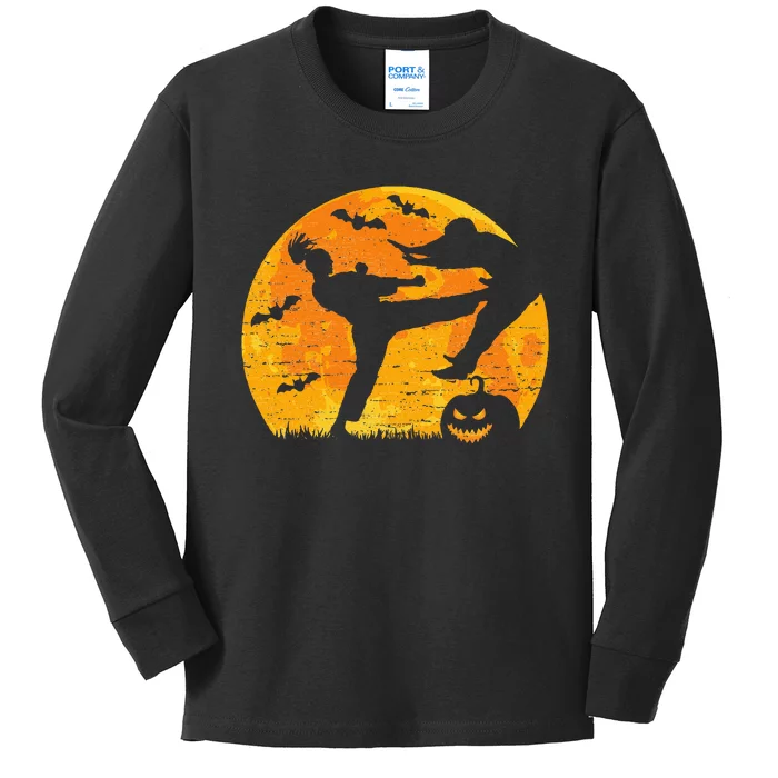 Halloween Kickboxing Martial Arts Full Moon Pumpkin Vintage Kids Long Sleeve Shirt