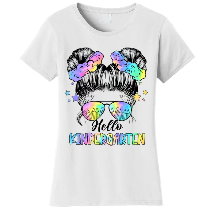 Hello Kindergarten Messy Bun Girl Back To School First Day Women's T-Shirt