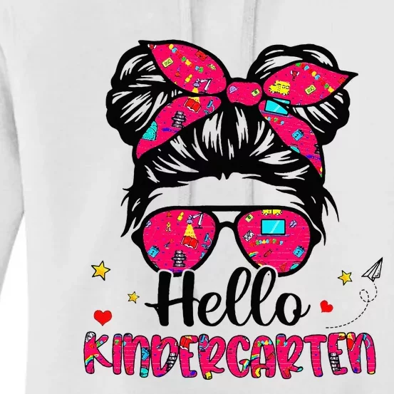 Hello Kindergarten Messy Bun Back To School First Day Women's Pullover Hoodie