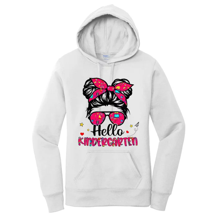 Hello Kindergarten Messy Bun Back To School First Day Women's Pullover Hoodie