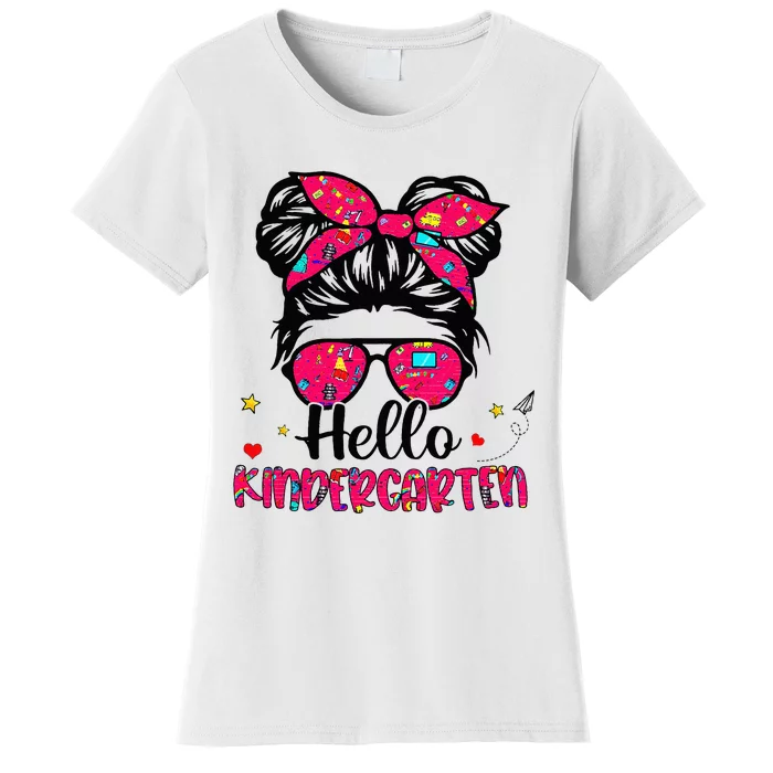 Hello Kindergarten Messy Bun Back To School First Day Women's T-Shirt