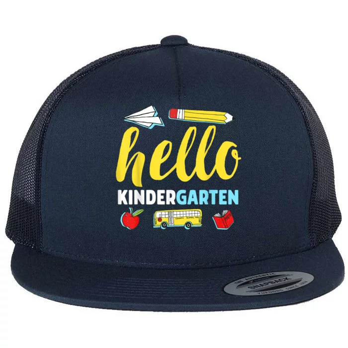 Hello Kindergarten Teacher First Day Back To School Flat Bill Trucker Hat