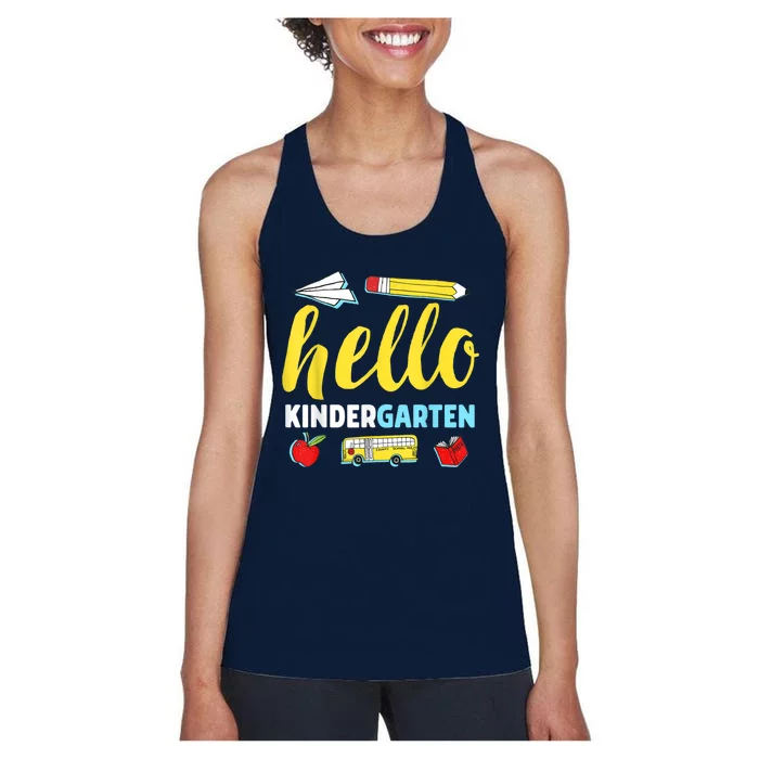 Hello Kindergarten Teacher First Day Back To School Women's Racerback Tank