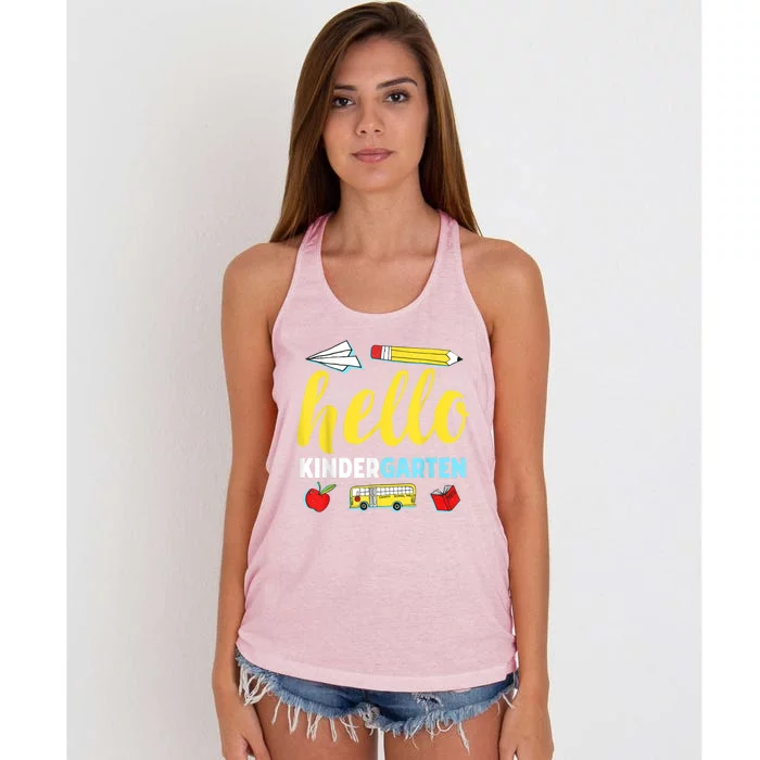 Hello Kindergarten Teacher First Day Back To School Women's Knotted Racerback Tank