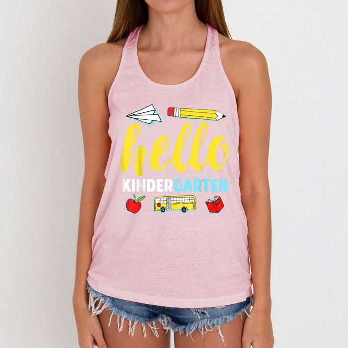 Hello Kindergarten Teacher First Day Back To School Women's Knotted Racerback Tank