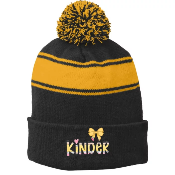 Hello Kindergarten Teacher Squad Coquette Bow Pencil School Stripe Pom Pom Beanie