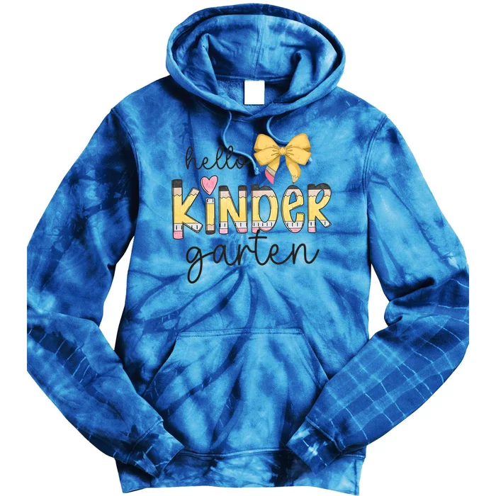 Hello Kindergarten Teacher Squad Coquette Bow Pencil School Tie Dye Hoodie