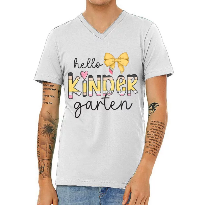 Hello Kindergarten Teacher Squad Coquette Bow Pencil School V-Neck T-Shirt