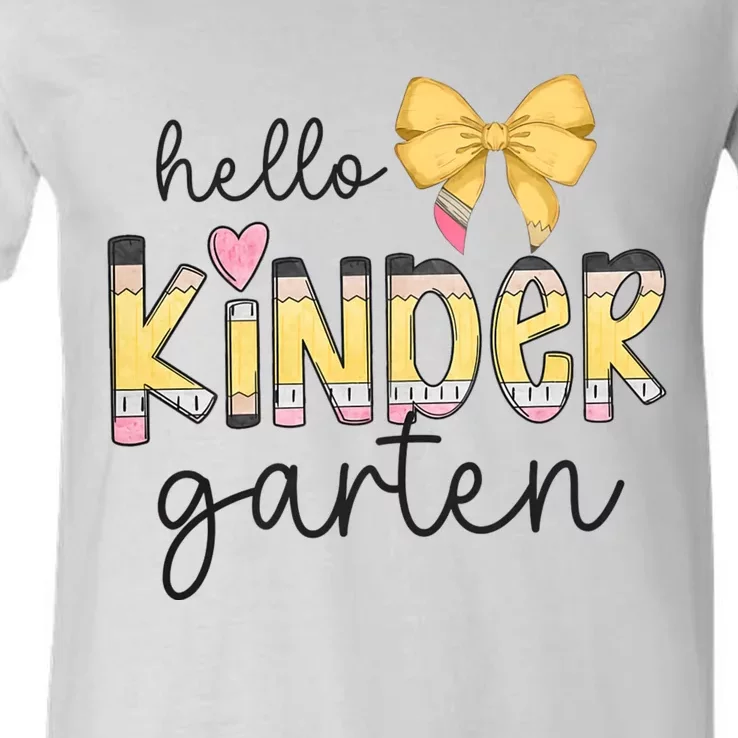 Hello Kindergarten Teacher Squad Coquette Bow Pencil School V-Neck T-Shirt