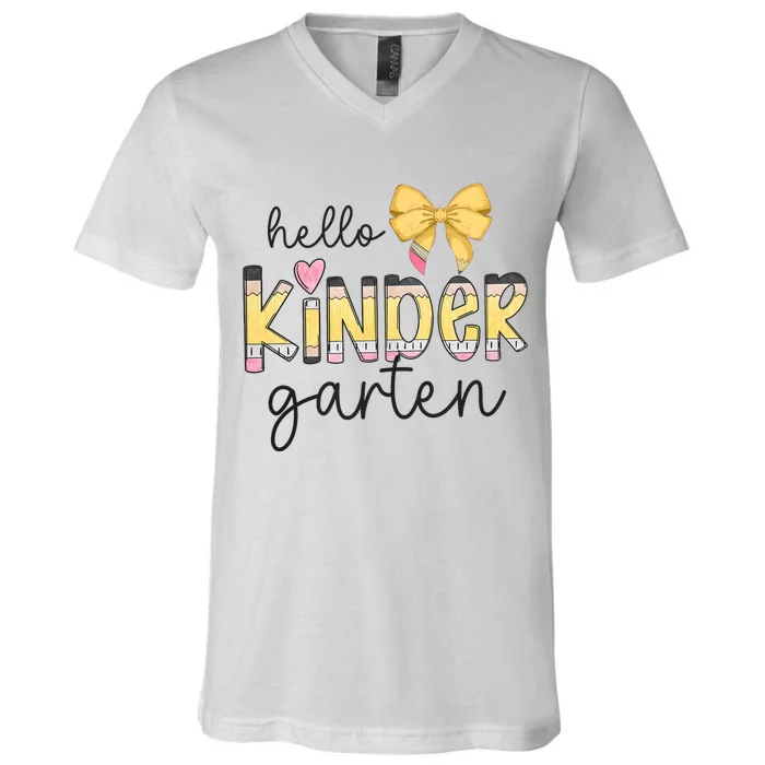 Hello Kindergarten Teacher Squad Coquette Bow Pencil School V-Neck T-Shirt