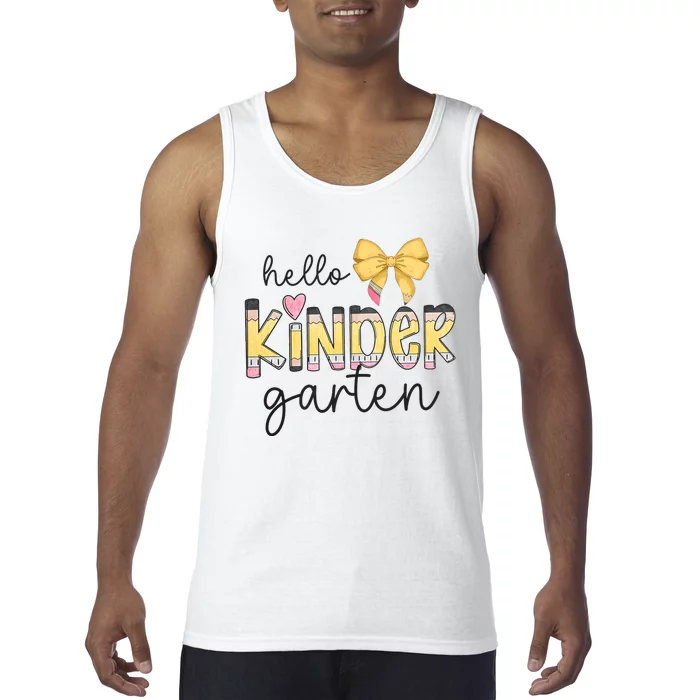 Hello Kindergarten Teacher Squad Coquette Bow Pencil School Tank Top