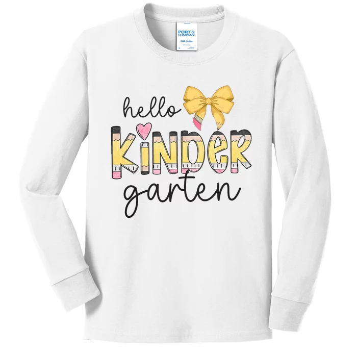 Hello Kindergarten Teacher Squad Coquette Bow Pencil School Kids Long Sleeve Shirt