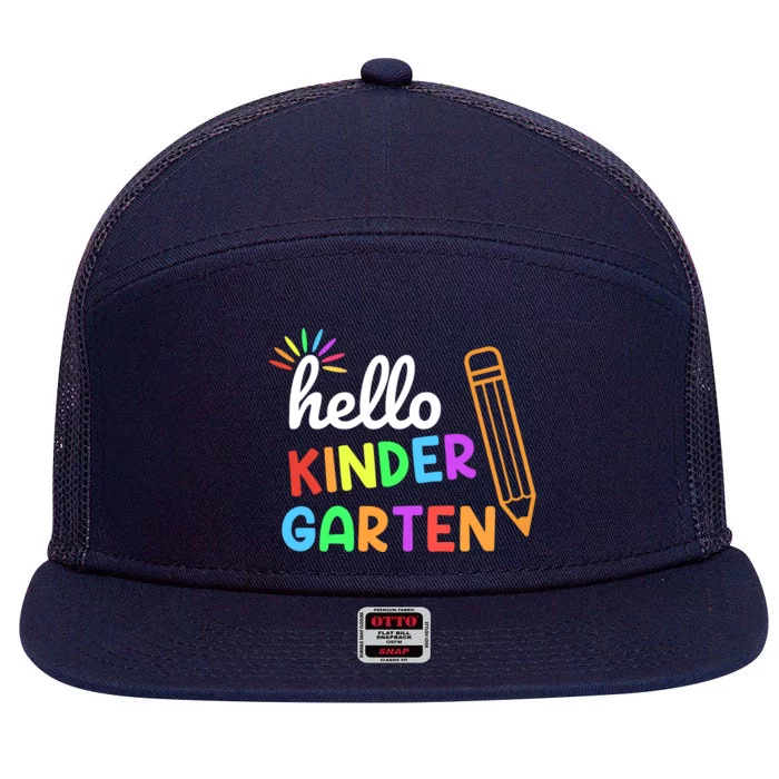 Hello Kindergarten Team Kinder Back To School Teacher 7 Panel Mesh Trucker Snapback Hat