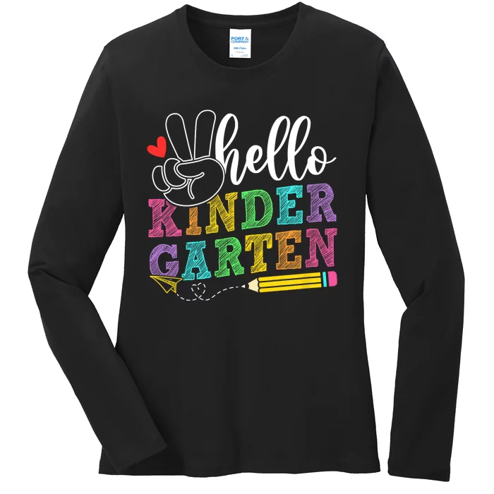 Hello Kindergarten Team Kinder Back To School Teacher Ladies Long Sleeve Shirt