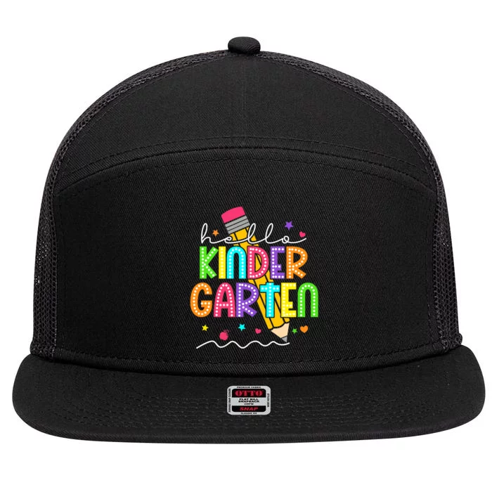 Hello Kindergarten Team Kinder Back To School Teacher 7 Panel Mesh Trucker Snapback Hat