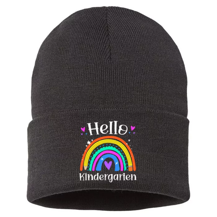 Hello Kindergarten Teacher Rainbow Kinder Back To School Sustainable Knit Beanie