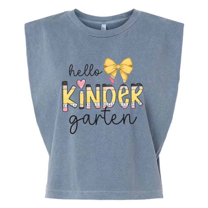 Hello Kindergarten Teacher Squad Coquette Bow Pencil School Garment-Dyed Women's Muscle Tee