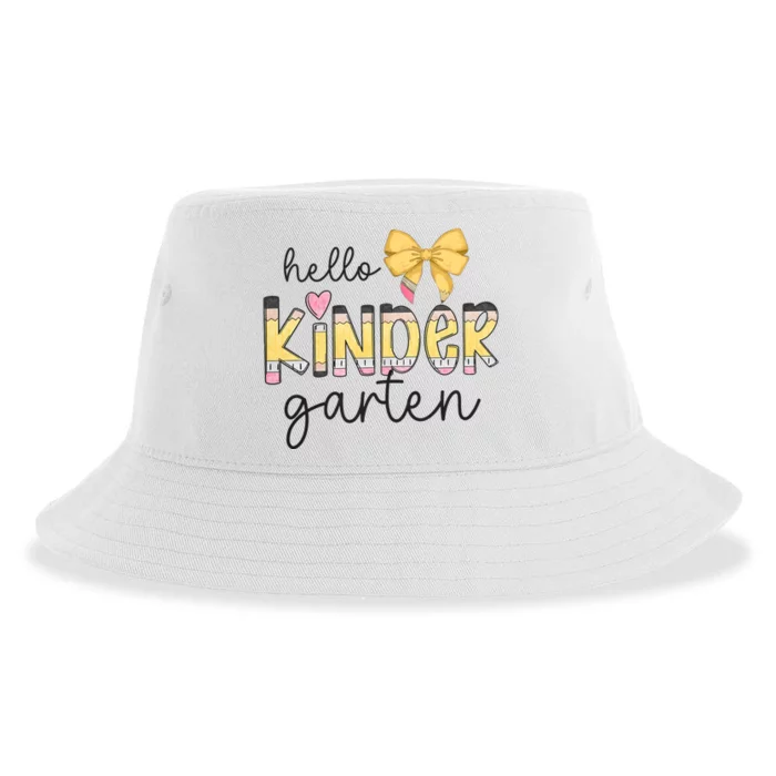 Hello Kindergarten Teacher Squad Coquette Bow Pencil School Sustainable Bucket Hat