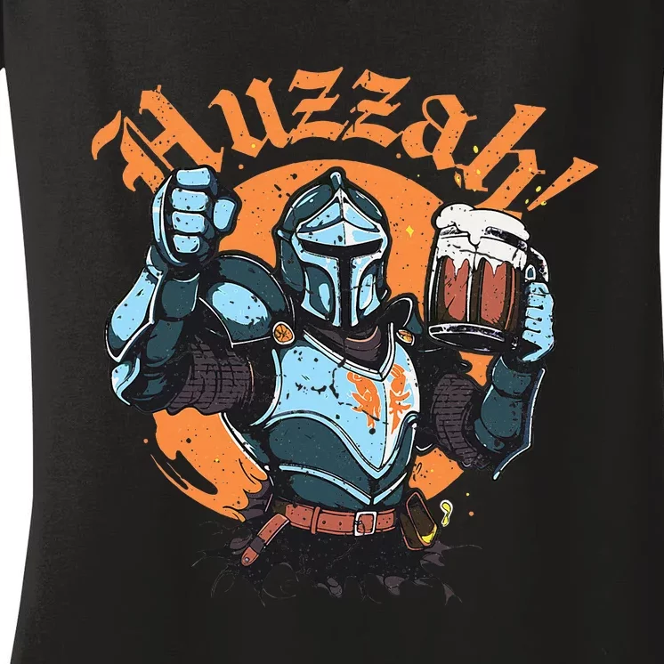 Huzzah Knight With Mead Funny Ren Faire Women's V-Neck T-Shirt