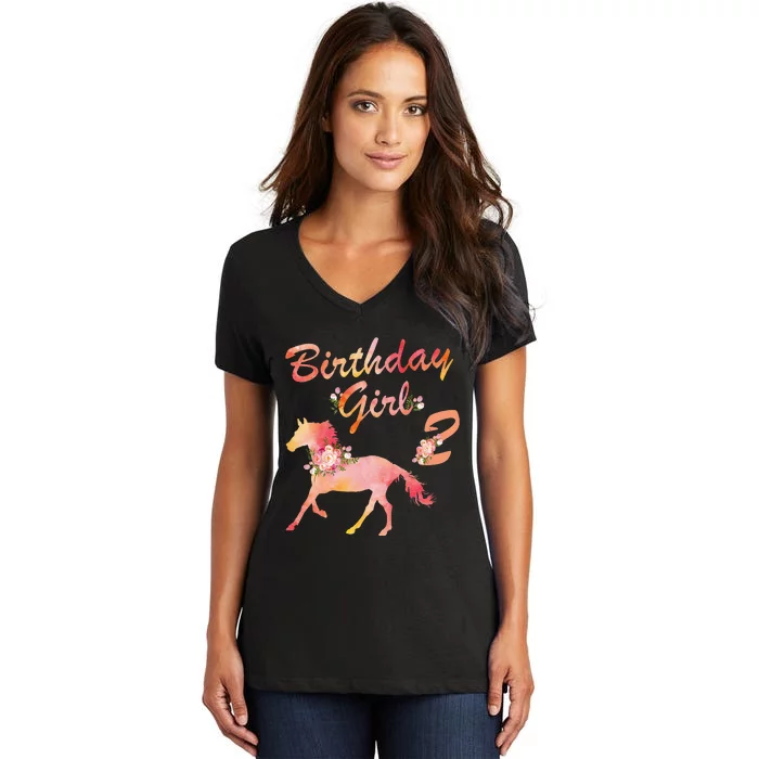 Horse Lover 2nd Birthday For Girl Love Horses 2 Years Old Women's V-Neck T-Shirt