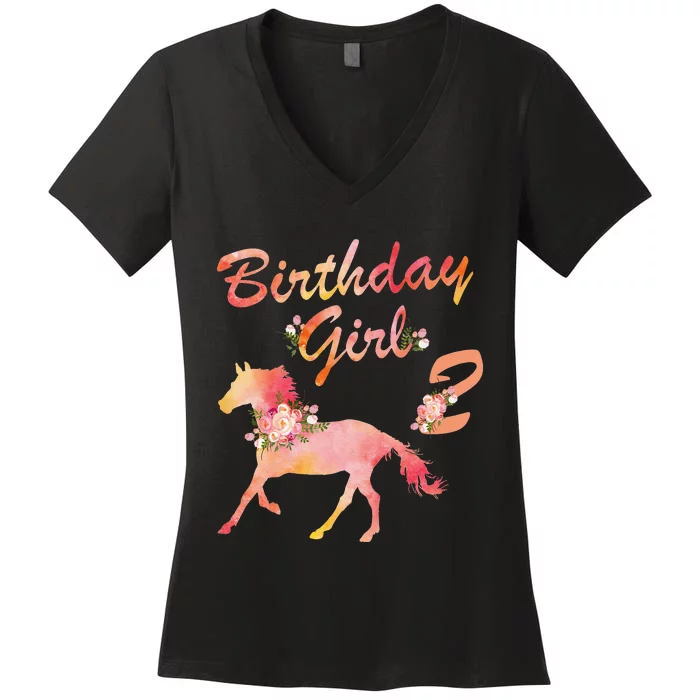 Horse Lover 2nd Birthday For Girl Love Horses 2 Years Old Women's V-Neck T-Shirt