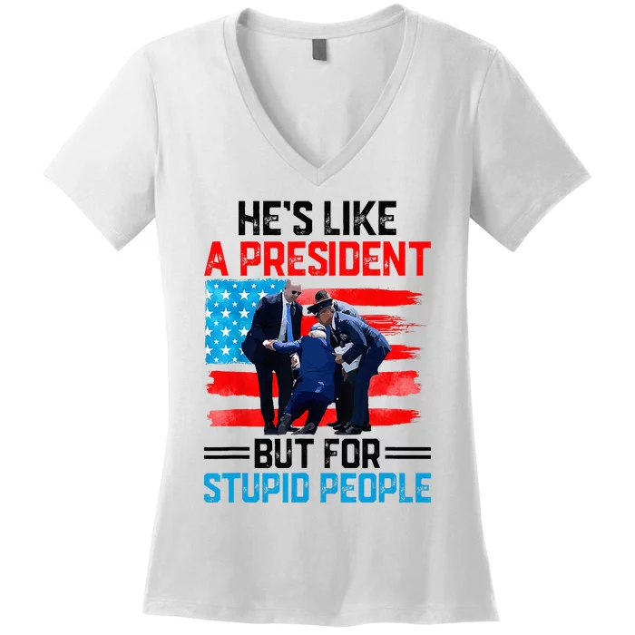 He's Like A President But For Stupid People Biden Falling Women's V-Neck T-Shirt