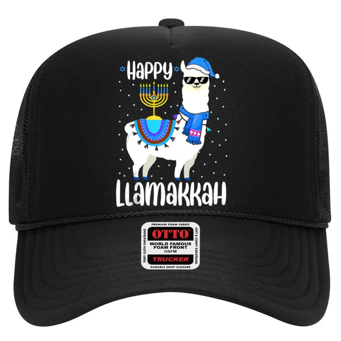 Happy Llamakkah Cute Jewish Llama Sunglasses Hanukkah High Crown Mesh Trucker Hat