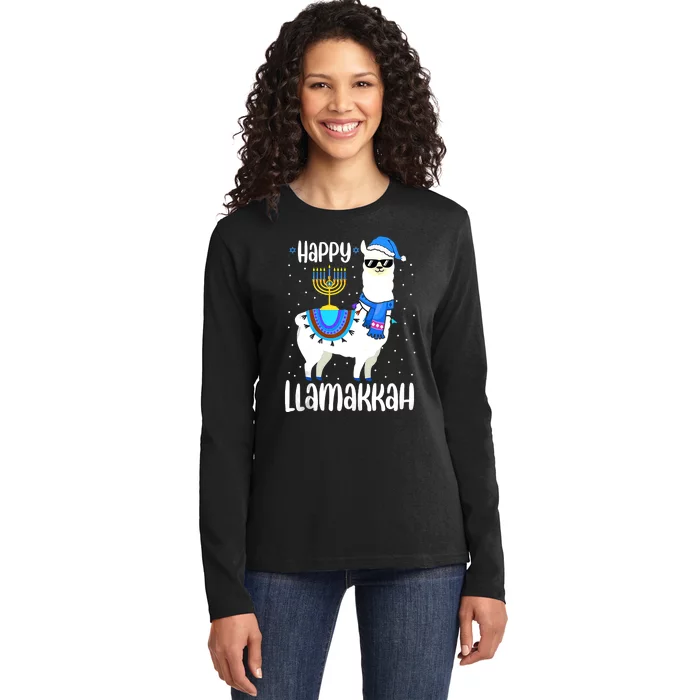 Happy Llamakkah Cute Jewish Llama Sunglasses Hanukkah Ladies Long Sleeve Shirt