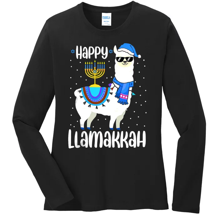 Happy Llamakkah Cute Jewish Llama Sunglasses Hanukkah Ladies Long Sleeve Shirt