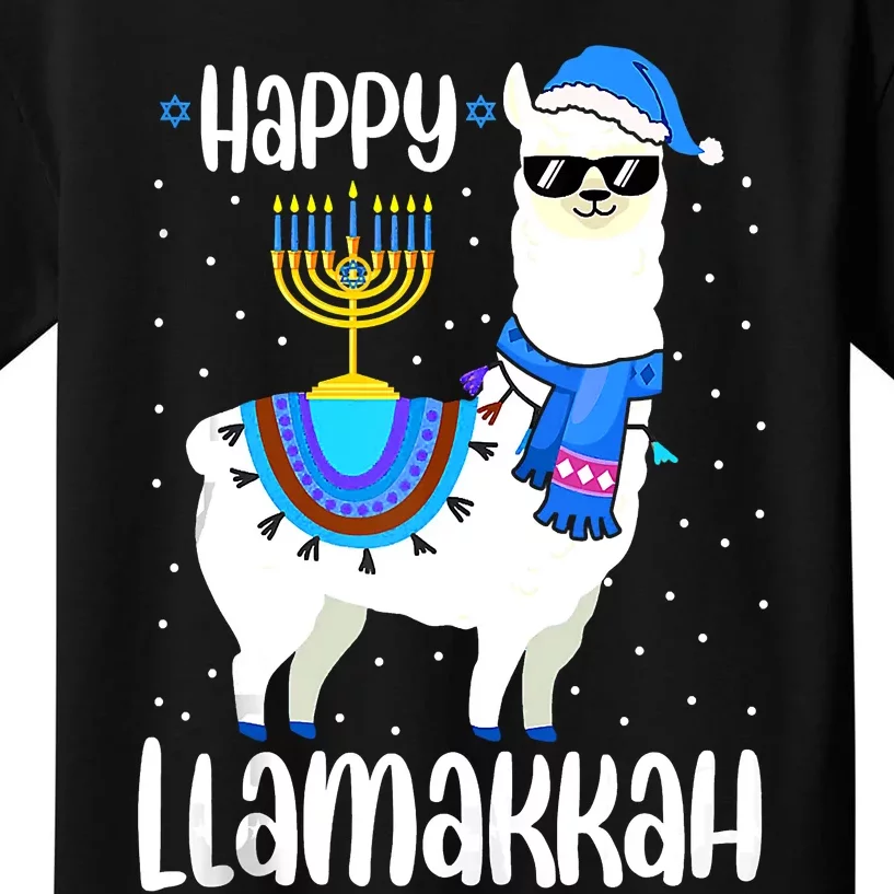 Happy Llamakkah Cute Jewish Llama Sunglasses Hanukkah Kids T-Shirt