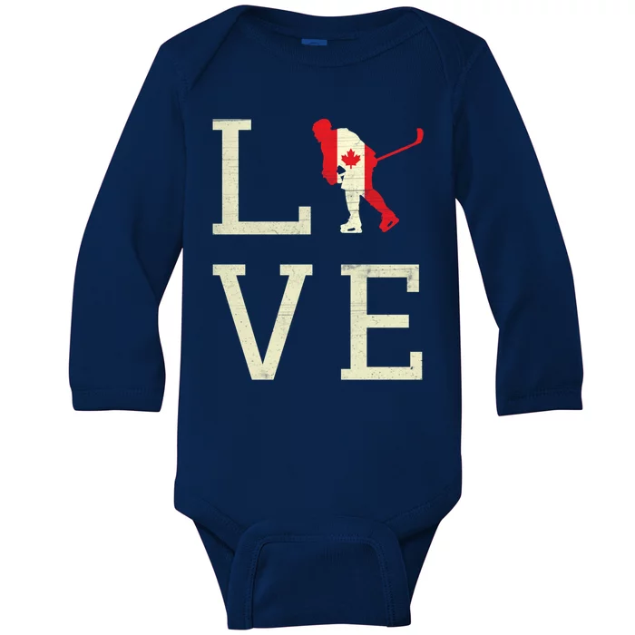 Hockey Love Canada Day Maple Proud Canadian Flag Canada Cute Gift Baby Long Sleeve Bodysuit