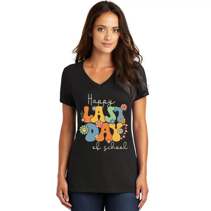 Happy Last Day Of School Graduation Groovy Teacher Student Women's V-Neck T-Shirt