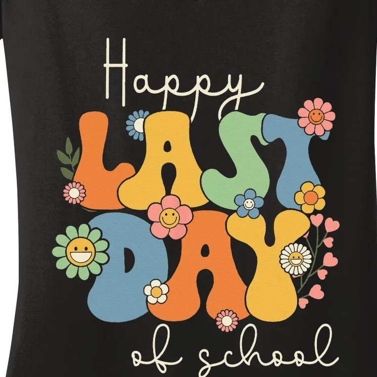 Happy Last Day Of School Graduation Groovy Teacher Student Women's V-Neck T-Shirt