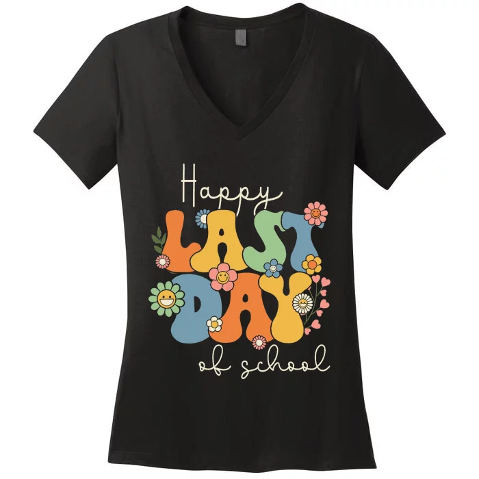 Happy Last Day Of School Graduation Groovy Teacher Student Women's V-Neck T-Shirt