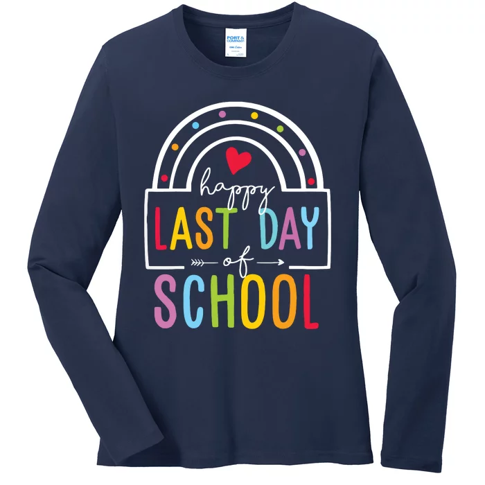 Happy Last Day Of School Teacher Student Graduation Rainbow Ladies Long Sleeve Shirt