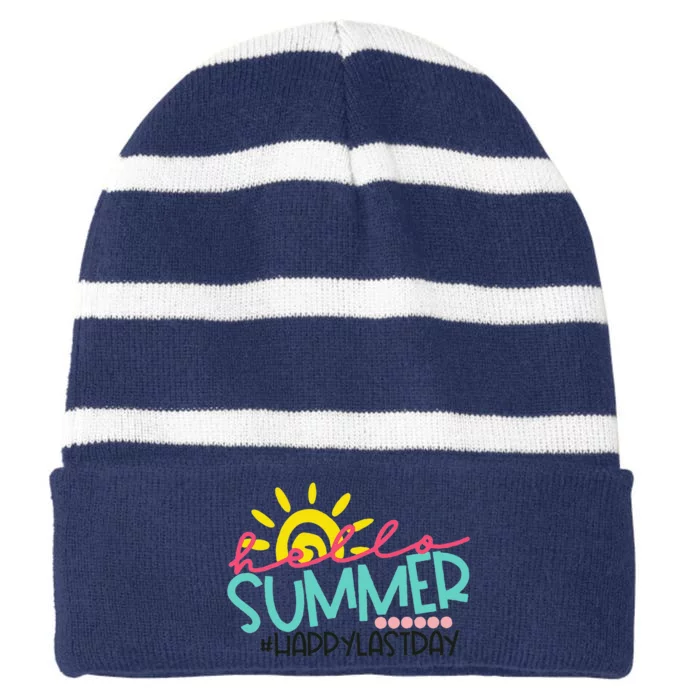 Happy Last Day Of School Teacher Student Hello Summer Striped Beanie with Solid Band