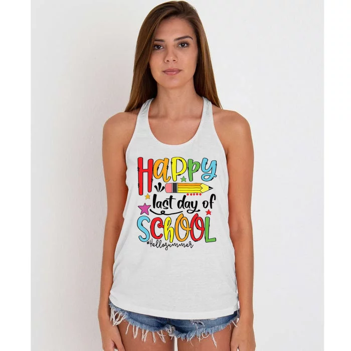 Happy Last Day Of School Shirts Hello Summer Teacher Student Women's Knotted Racerback Tank