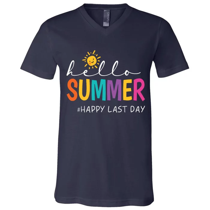 Happy Last Day Of School Teacher Student Hello Summer V-Neck T-Shirt