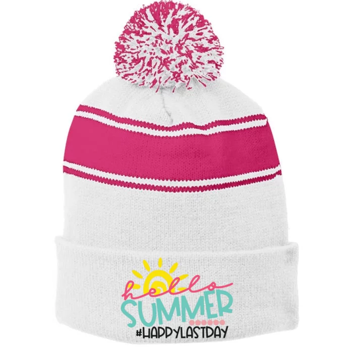 Happy Last Day Of School Teacher Student Hello Summer Stripe Pom Pom Beanie