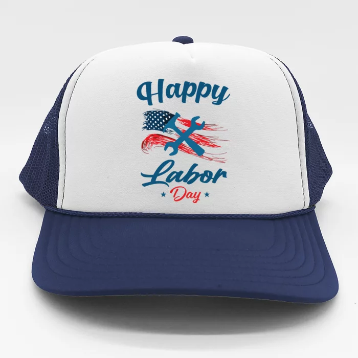 Happy Labor Day American Flag Holiday US Worker Trucker Hat